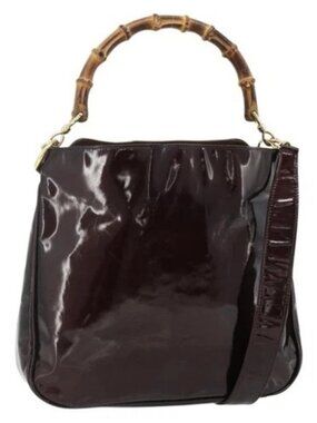 GUCCI Bamboo Bag Patent leather 2way Brown Gold 001 1705 1638 Auth ti3928